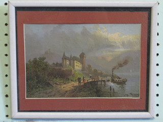 19th Century oil on card "Mountain Castle with Lake and Boat"  6" x 8"