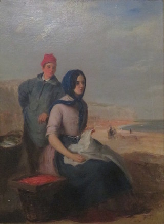 T Faed, oil on board "Seated Fisherwoman and Fisherfolk with  Nets on the Shoreline" 24" x 17" signed, the reverse marked  Brown 163 High Holburn, contained in a decorative gilt frame   ILLUSTRATED