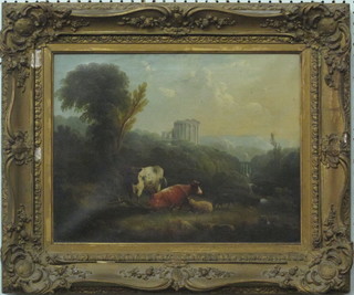 18th/19th Century oil on canvas "Cattle Standing by Ruined  Building, Waterfall in Distance" 13" x 17" ILLUSTRATED