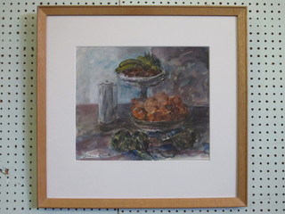 David Gluck, watercolour "Still Life with Oranges" the reverse with David Gluck gallery label 10" x 12"