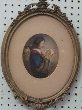 Watercolour drawing "Standing Cavalier" 5" oval,  monogrammed GC and dated 1857