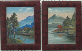 A pair of Oriental oil on boards "Mountain Lake" 10" x 7 1/2" contained in lacquered frames