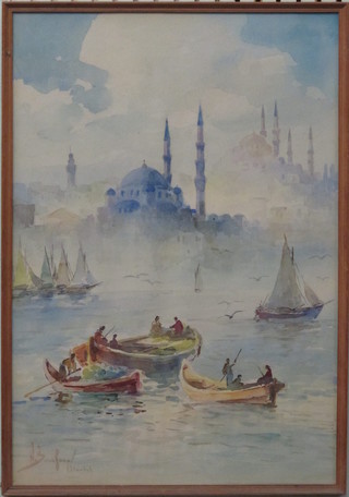 Watercolour drawing "The Bosphorus and Domes of Turkey"  indistinctly signed to bottom left hand corner, 17" x 12"