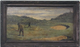 Oil on canvas "Golfing Scene with Bunker & Golfers" 7" x 14"