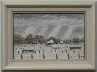 Rasmus, impressionist oil on board "Snowy Landscape with Buildings" 7" x 11" signed and dated '59 to bottom right hand  corner
