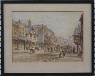 Watercolour "Street Scene with Figures and Buildings" 7" x 9  1/2" monogrammed JWW