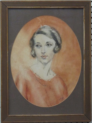 C Orde, watercolour, head and shoulders portrait "Young  Woman" 12" oval