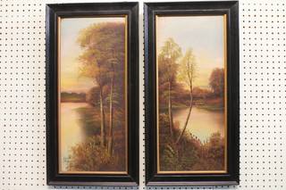H Burton, a pair of 19th Century oil on boards "Rivers with  Trees" 19" x 8"