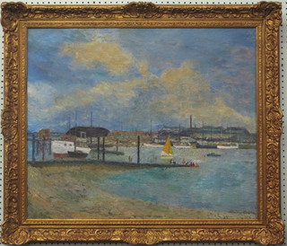 Mary Woolton?, impressionist oil on canvas "Harbour with Yachts, Chimneys in Distance" 24" x 29"