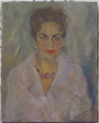 Oil on canvas, head and shoulders portrait "Lady" indistinctly signed and dated 1961, 20" x 16", tear to canvas,