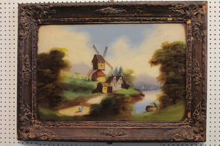 Victorian oil painting on glass "Windmill by a River" 15" x 24"