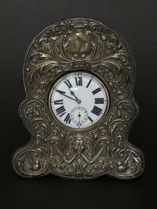 An open faced travelling watch with enamelled dial and Roman  numerals contained in an Edwardian easel silver case,  Birmingham 1903