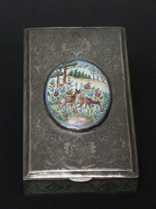 A rectangular engraved Persian silver box, the hinged lid set an enamelled panel decorated deer 6"  ILLUSTRATED