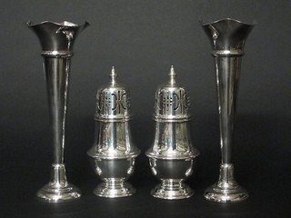 A pair of silver plated trumpet shaped specimen vases 8 1/2" and  a pair of silver plated sugar sifters