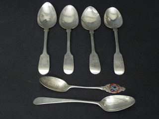 A Georgian silver Old English pattern teaspoon, 4 silver fiddle  pattern teaspoons and a silver and enamelled teaspoon, 3 ozs