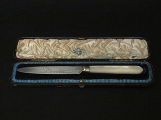 A Georgian silver bladed butter knife with mother of pearl  handle, cased
