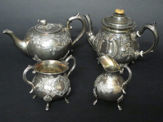 A Britannia metal 3 piece tea service with teapot, twin handled sugar bowl and milk jug and a do. teapot, f,