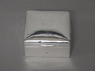 A silver cigarette box with hinged lid marked Alexander Cup  Runner Up Port Rush October 1921, of railway interest, Birmingham 1920 3 1/2"