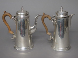 A 2 piece Queen Anne style silver coffee service of waisted tapering form comprising coffee pot and hotwater jug, London  1936 29 ozs  ILLUSTRATED