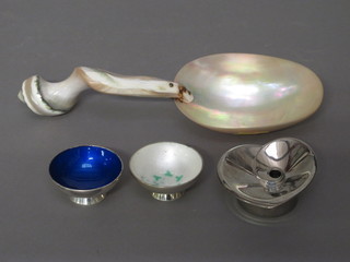 A Continental mother of pearl spoon, 2 Continental enamelled salts and a shaped Dansk candle holder