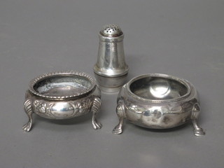 2 circular silver salts, London 1845 and 1872, together with a  silver pepperette, 6 ozs