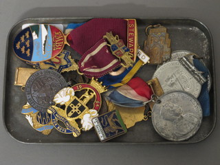 3 gilt metal and enamelled Masonic charity jewels, a gilt metal  and enamelled Ancient Order of Oddfellows jewel and other  Coronation medals etc
