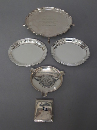 A silver plated and enamelled match slip marked TSS Ulysses, an Eastern ashtray, 2 WMF dishes with bracketed borders 4" and a  silver plated salver