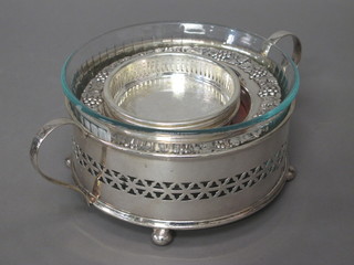 A circular pierced silver plated dish frame, do. butter dish, 4  coasters, dish and a wine coaster