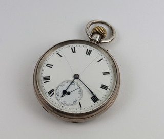 A Military issue silver open faced pocket watch by the  Goldsmiths and Silversmiths Company with enamelled dial and Roman numerals the reverse with broad arrow marked RA  contained in a silver case, London 1916