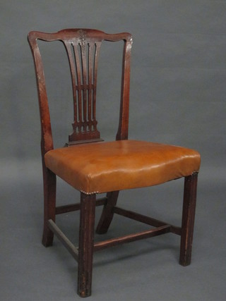 A mahogany Hepplewhite style camel back dining chair with  pierced vase shaped slat back and upholstered seat, raised on  square tapering supports