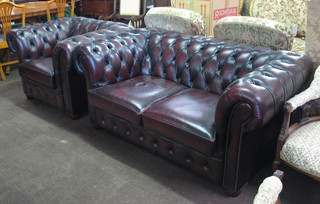 A 2 seat Chesterfield upholstered in brown buttoned back leather 62" together with a matching armchair