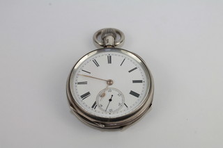 An open faced pocket watch with enamelled dial and Roman  numerals by White Brothers, contained in a silver case