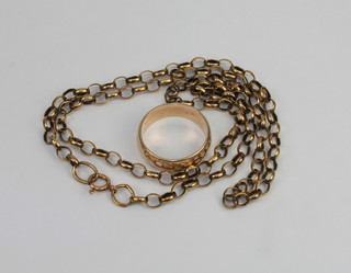 A 9ct gold wedding band together with a belcher link chain