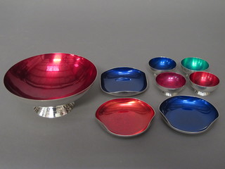 A Danish silver plated and enamelled bowl 5", 4 ditto salts and 3 dishes
