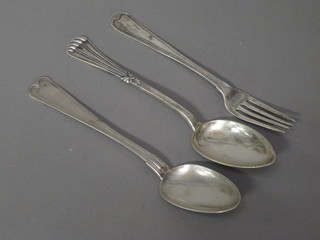 2 Continental white metal spoons and a fork