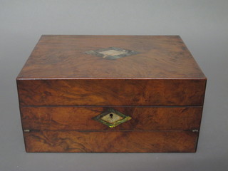 A Victorian figured walnut writing slope with hinged lid and mother of pearl decoration to the centre 12"