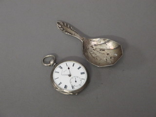 A fob watch contained in a white metal case together with a  silver caddy spoon