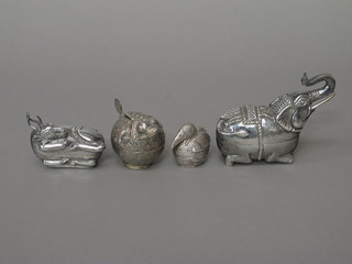 A white metal trinket box in the form of an elephant 2", do. gazelle and do. fish