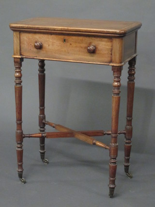 A 19th Century bleached mahogany table with crossbanded top,  fitted a drawer, raised on turned supports with H framed stretcher  21"
