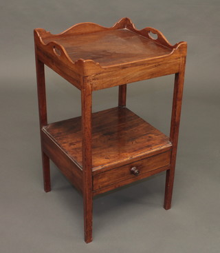 A 19th Century square mahogany 2 tier night table with three-quarter gallery, the base fitted a drawer on tapering  supports 15"
