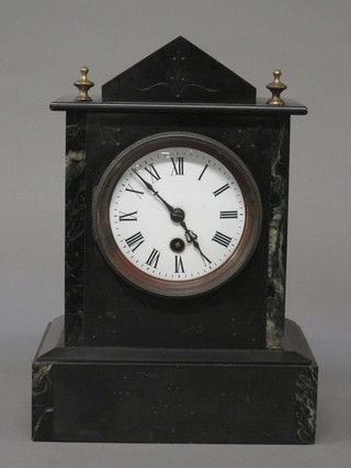 A 19th Century French 8 day mantel clock with Roman numerals  and enamelled dial contained in a black marble case