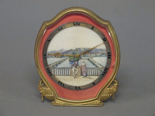 A French 8 day bedroom table clock, the painted dial decorated a Romantic landscape scene contained in a gilt metal easel case, the  reverse marked M Plojoux Geneve