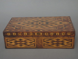 An inlaid parquetry trinket box with hinged lid 14"