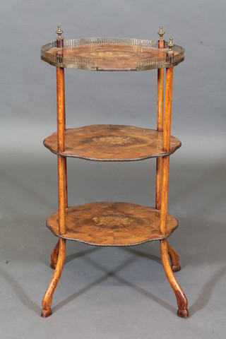 A Continental inlaid Kingwood 3 tier etagere with pierced brass gallery 15"