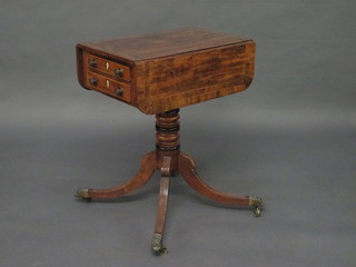 A Regency mahogany and crossbanded pedestal work table, fitted  3 drawers and raised on a tripod base ending in brass caps and  castors 22"  ILLUSTRATED