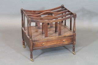 A Georgian style mahogany 4 division Canterbury, the base fitted  a drawer, raised on turned supports 19"