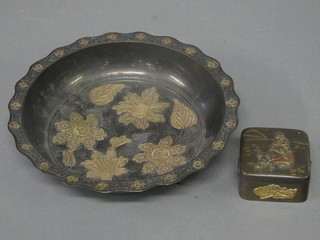 A circular Oriental gilt metal dish 7" and a square trinket box  with hinged lid 2"