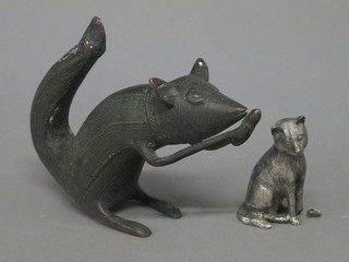A bronze figure of a squirrel 4" and a silvered figure of a seated  cat, foot f, 2"