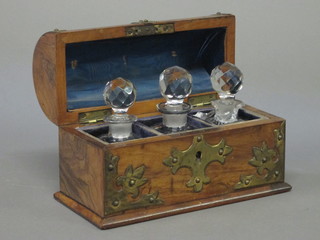 A Victorian walnut domed and brass mounted box containing 3  bottles, 1 f, 7"