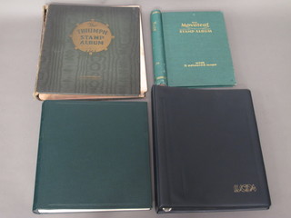 A Triumph album of World stamps, a Plymouth Stanley Gibbon  album of stamps, The Movaleaf album of stamps and a ring bind  album of stamps